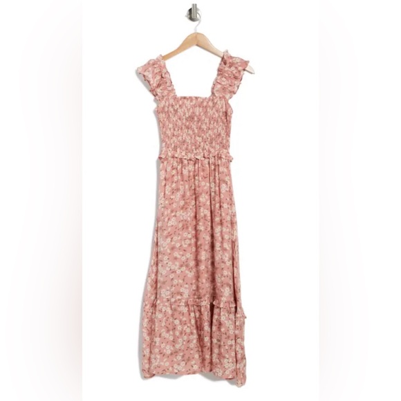 Blu Pepper Pink Floral Smocked Midi Dress S Ruffle Strap Tiered Cottagecore Boho - Picture 2 of 7